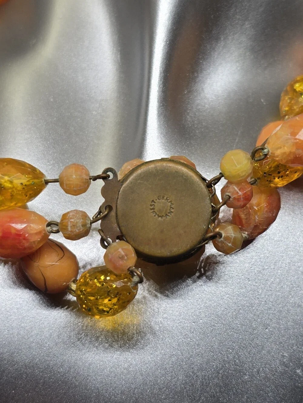 West Germany Vintage Peach  Acrylic Faceted Bead Signed 3 Strand Necklace MC